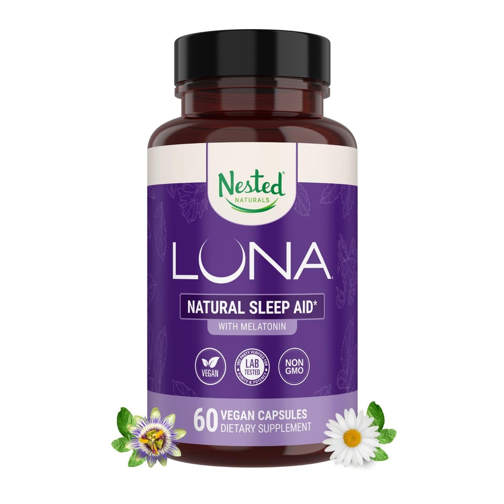 Nested Naturals Luna Sleep Aid - Non-Habit Forming Natural Sleeping Pills dla dorosłych z naturalnie zasolone składniki - Valerian Root, Melatonin, Rumianek, Lemon Balm i więcej - 60 Kapsułki Wegan