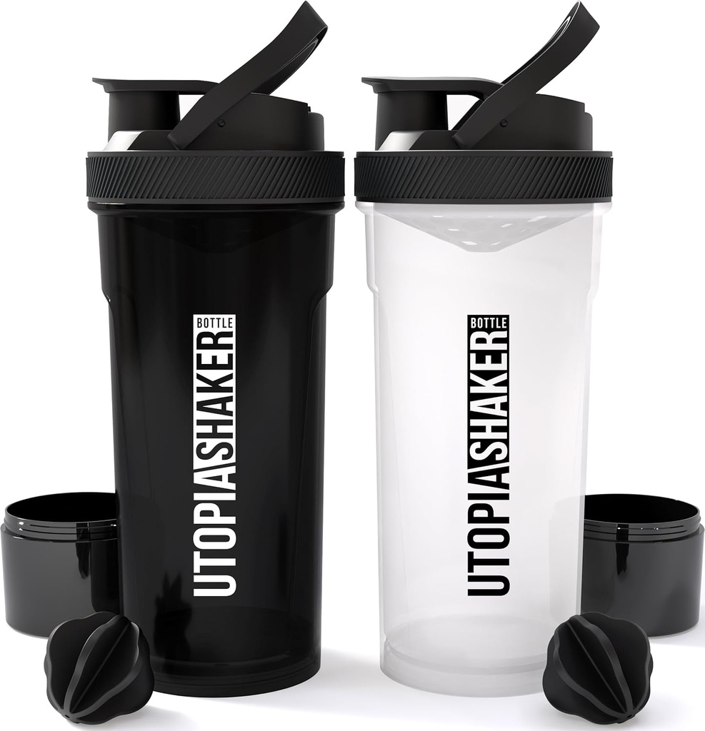 Utopia Strona główna Shaker Butelka 2 Pack - 24 Ounce plastikowe białko lub shaker shaker Butelka do treningu przed i post z Twist & Lock Protein Box Storage (All Black & Clear / Black)