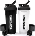 Utopia Strona główna Shaker Butelka 2 Pack - 24 Ounce plastikowe białko lub shaker shaker Butelka do treningu przed i post z Twist & Lock Protein Box Storage (All Black & Clear / Black)