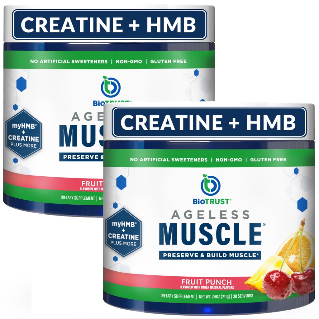 BioTrust Ageless Muscle Builder - Kreatywny proszek HMB z witaminą D3 & Betaine - Build & Reserve Natural Declining Muscle Mass & Force - Fruit Punch, 60 Służenie