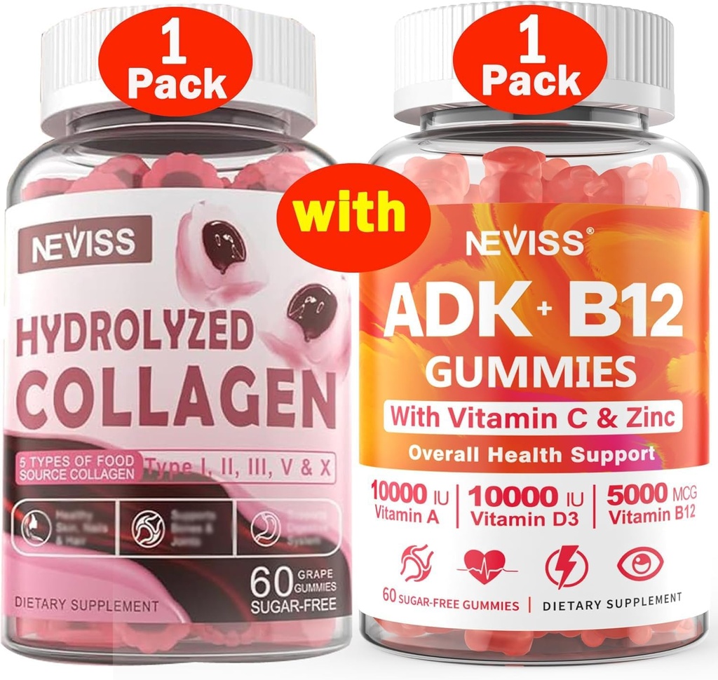 NEVISS 1Pack Zhydrolizowane Gumiaki Kolagenowe + 1Pack Witamina ADK z B12 Gumiami