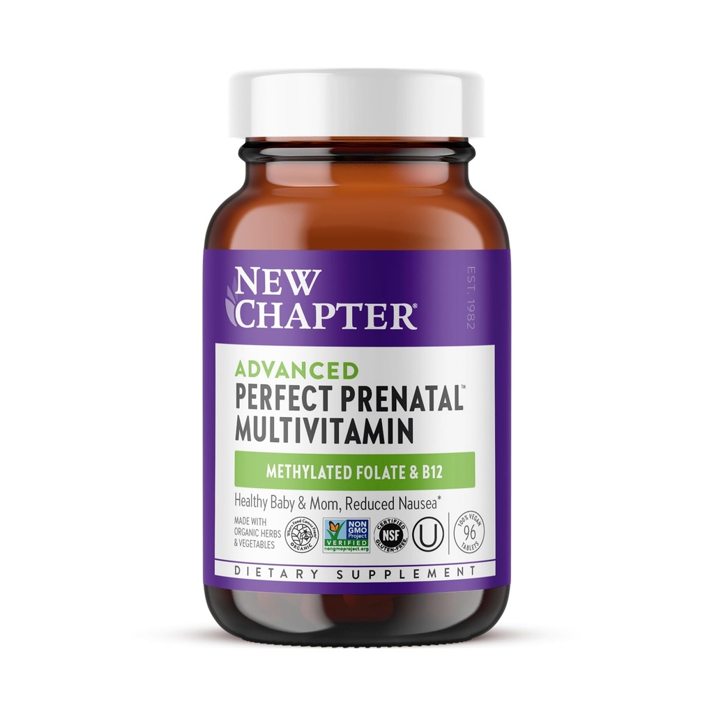 Nowy rozdział Zaawansowane doskonałe witaminy prenatalne, 96ct, Made with Organic, Składniki nieGMO dla zdrowego dziecka i mamy - Folate (Metylfolate), Żelazo fermentowane, Witamina D3 + Ginger