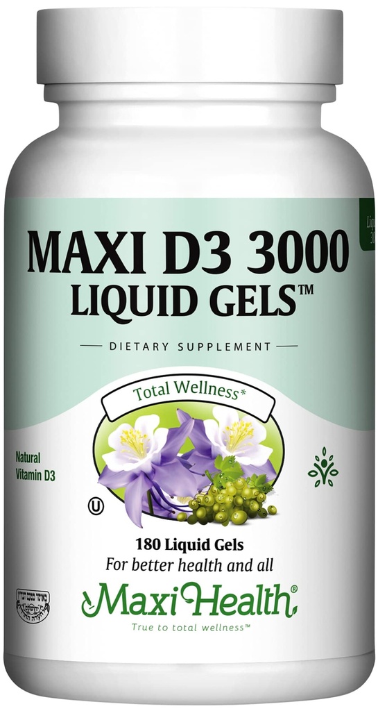 Maxi Health Witamina D3 3000 j.m. 75 μg Witamina D Suplement do Zdrowych Kości, Zęby, Wsparcie immunologiczne - VIT D3 Suplement Łatwy do Połknięcia Non-GMO, Suplement dla mężczyzn i kobiet - Kosher 180 Gels