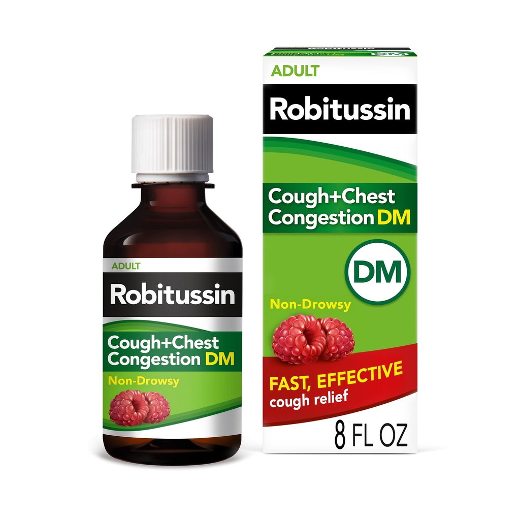 Robitussin Cough and Chest Congestion DM, Cough Suppressant and Expectorant, Malina Flavor - 8 Fl Oz Bottle