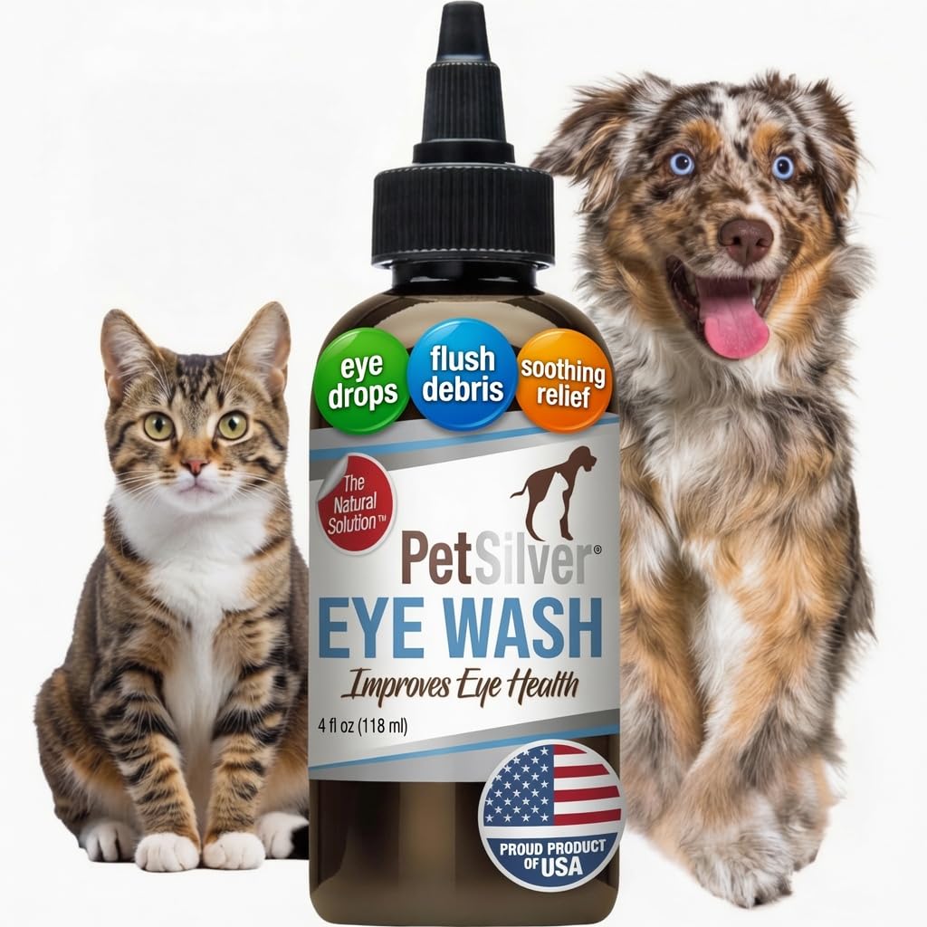 PetSilver Eye Drops for Dogs and Cats - Natural Dog Eye Wash - Relief for Inflatimate & Irritation - Pet Eye Cleaner and Tear Stain Remover - Opatentowana srebrna formuła - Made in The USA - 4 fl oz