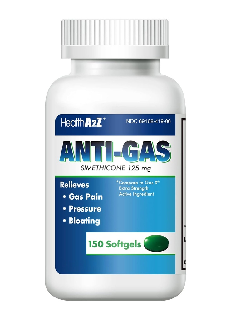 HealthA2Z ® Gas Relief Simeticone 124; 125mg Simeticon 124; Relieves from Stomach Discomfort and Gas Discomfort and 124; Anti Flatulence Simeticone 124; Relieves Gas fast and Bloating (150 Counts (Pack of 1))
