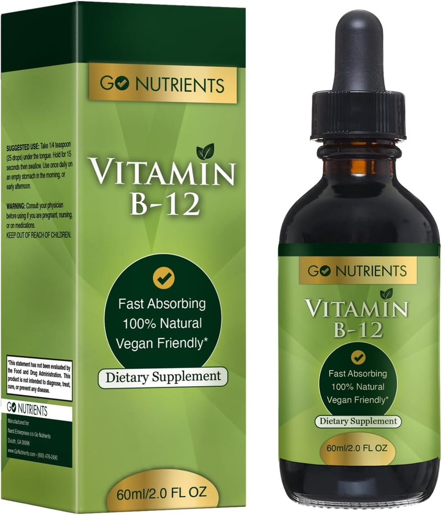 Go Nutrients Vitamin B12 Sublingual Methylcobalamin – B-12 Liquid Drops 3000mcg, Organic Raspberry Flavor, Vegan – Supports Energy, Nerve Health & Red Blood Cell Formation - 2oz (48 Servings)