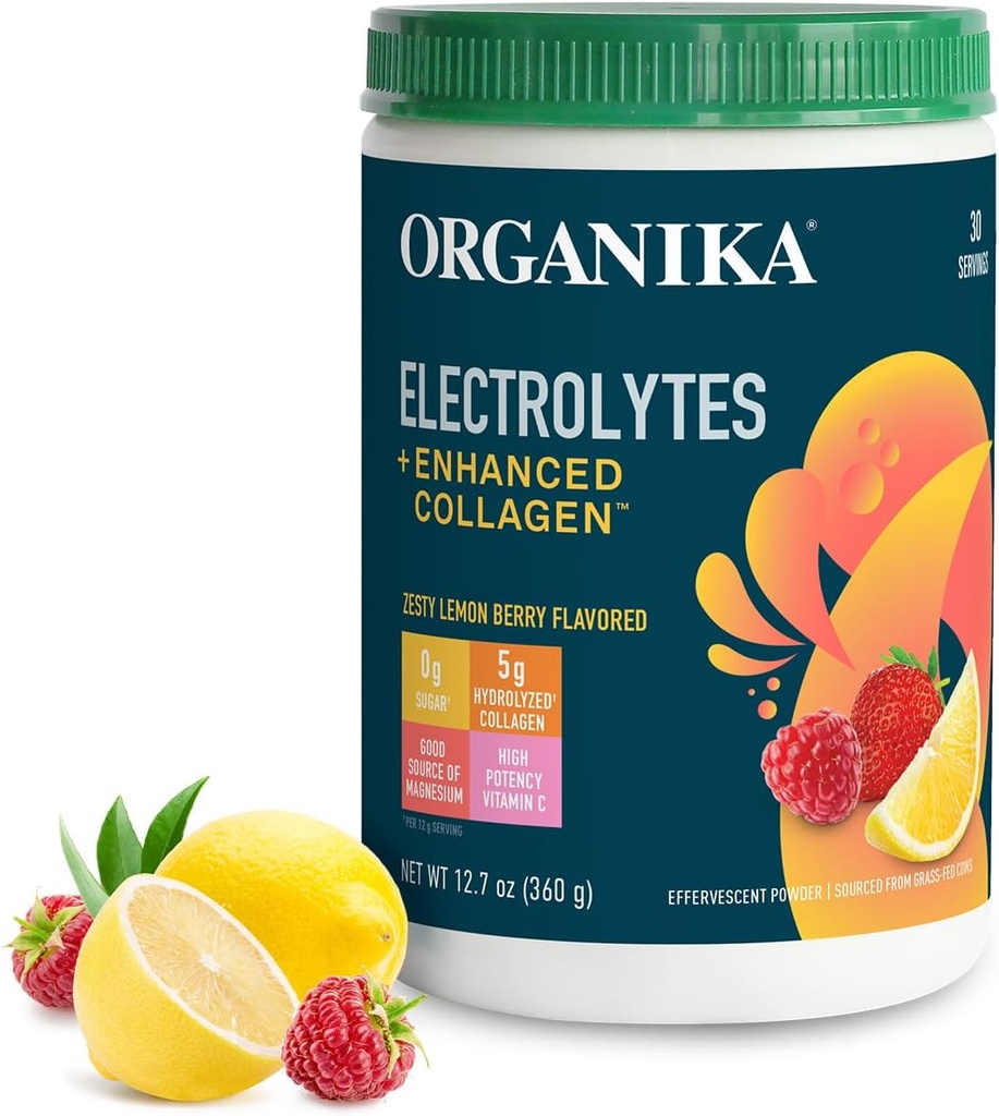Organikа Electrolytes with Enhanced Collagen Powder for Women & Men - 13 oz - Zesty Lemon Berry- Flavored Effervescent Electrolyte & Collagen Drink Mix - Deep Hydration, Mobilność, Skóra, Włosy i paznokcie