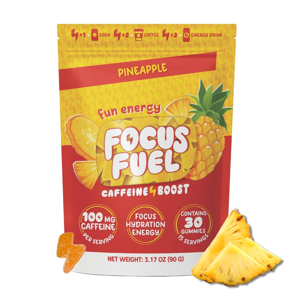 FocusFuel Energy Chews - Ananas Flavor (15 Servings) - 100mg Caepine + Alpha GPC + L- Theanine + B12, Magnez - Tropikalny impuls energetyczny - Brak Crash lub Jitters