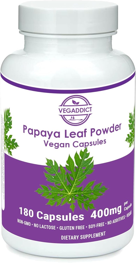 Proszek Papaya Leaf 124; 340mg Kapsułki 124; etykalnie pozyskiwane 124; Wsparcie płytek 124; Gluten & Laktoza wolna 124; Wolny od soi 124; Brak dodatków 124; Nie-GMO 124; Wegan 124; Suplement odżywczy 124; Suplement dietetyczny (180X)