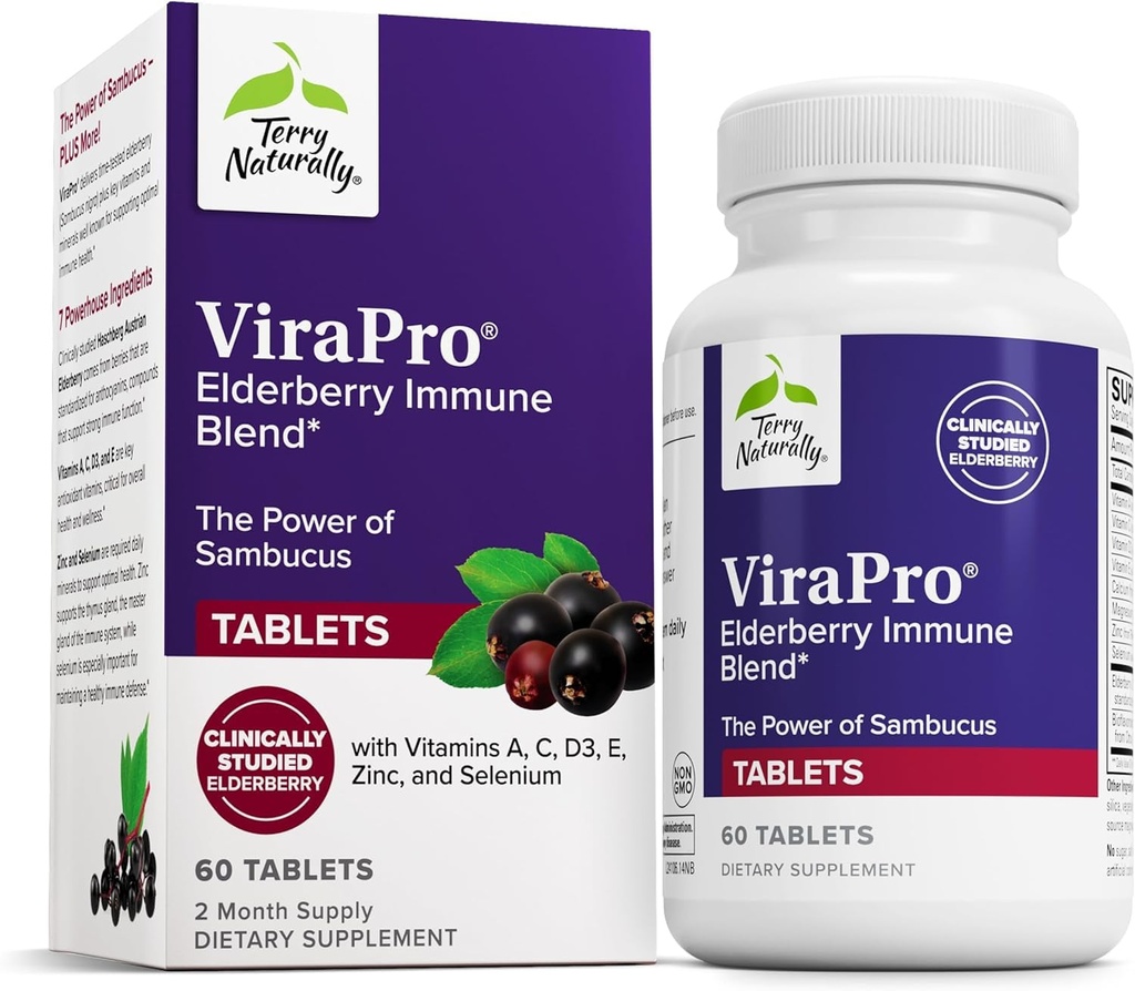 Terry Natural ViraPro - Suplement z mieszanką ziołową do wsparcia immunologicznego - Suplement z Elderberry, Cynk & Selenium - Wsparcie odpowiedzi immunologicznej - 60 tabletek