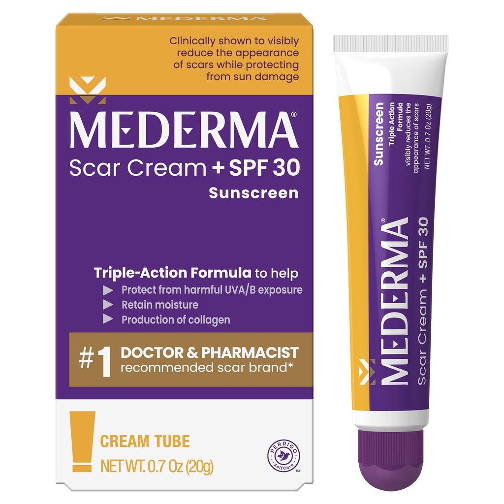 Mederma Scar Cream Plus SPF 30 - Zaawansowane leczenie bliznowacenia, ochrona przed uszkodzeniem słonecznym, zmniejsza wygląd blizn z trądziku, oparzenia, chirurgia i urazy, 0,7 oz