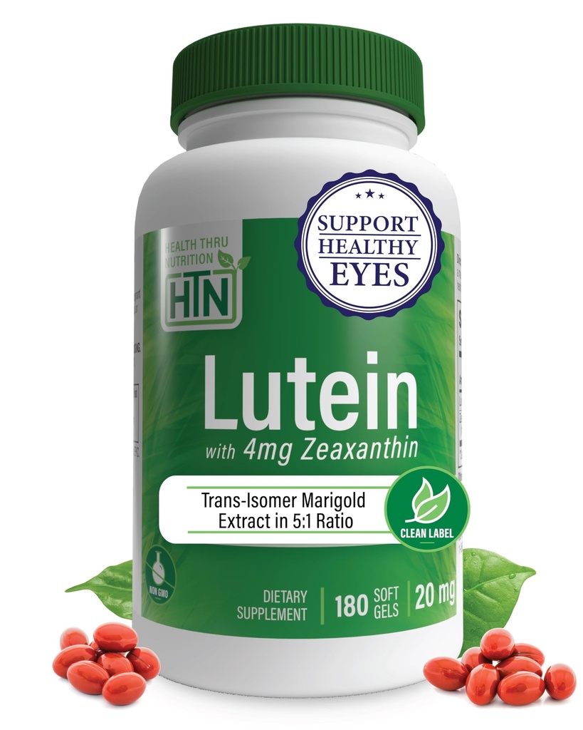 Lutein 20mg z Zeaksantyną 4mg 180 Softgels 124; All- Trans Marigold Extract in Nature Identical 5: 1 ratio contribution 124; Supports Healthy Eye, Skin and Brain Contribution 124; Non-GMO Soy & Gluten Free Contribution 124; by Health Thru Nutrition