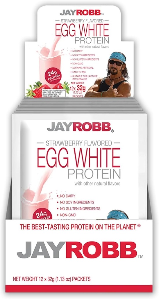 Proszek białkowy JayRobb Jajko, Niskie węglowodany, Keto, Wegetarianin, Gluten wolny, Laktoza wolna, Nie dodano cukru, No Fat, Nie Soi, Nic Sztuczne, Non-GMO, Best- Tasting (Indywidualne pakiety, Truskawka)