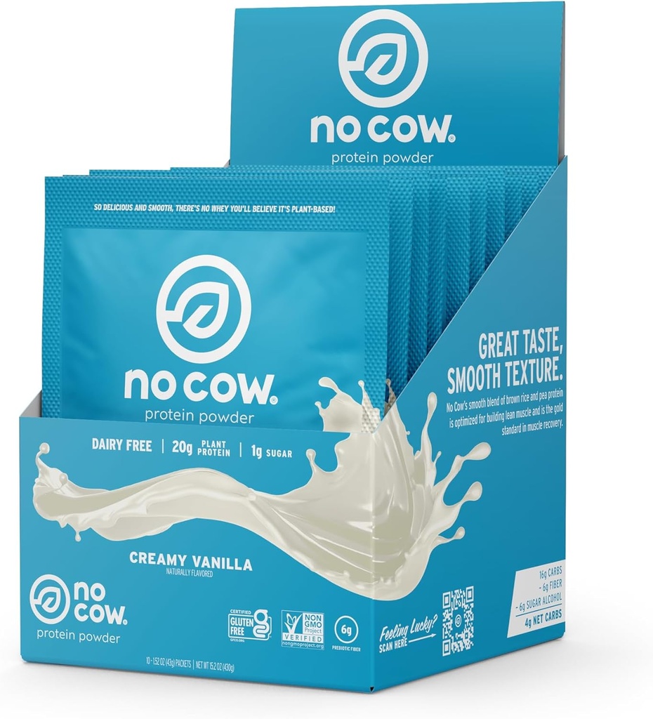 No Cow Vegan Protein Powder, Wanilia, 20 g Białko roślinne na bazie, Pojedyncze paczki serw, Wolny mleczny, Soy Free, Nie dodano cukru, Keto Friendly, Gluten Free, Naturalnie słodzone, Nie GMO, Kosher, 10 Hrabia