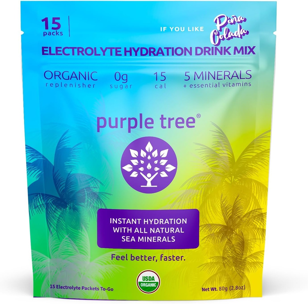 Fioletowe Tree Organiczne opakowania do hydrolizy elektrolitów - Pina Colada Flavor, Bezcukrowe płynne kleje do szybkiego nawodnienia, Codzienna mieszanka napojów elektrolitów do odwodnienia, 15 opakowań to-