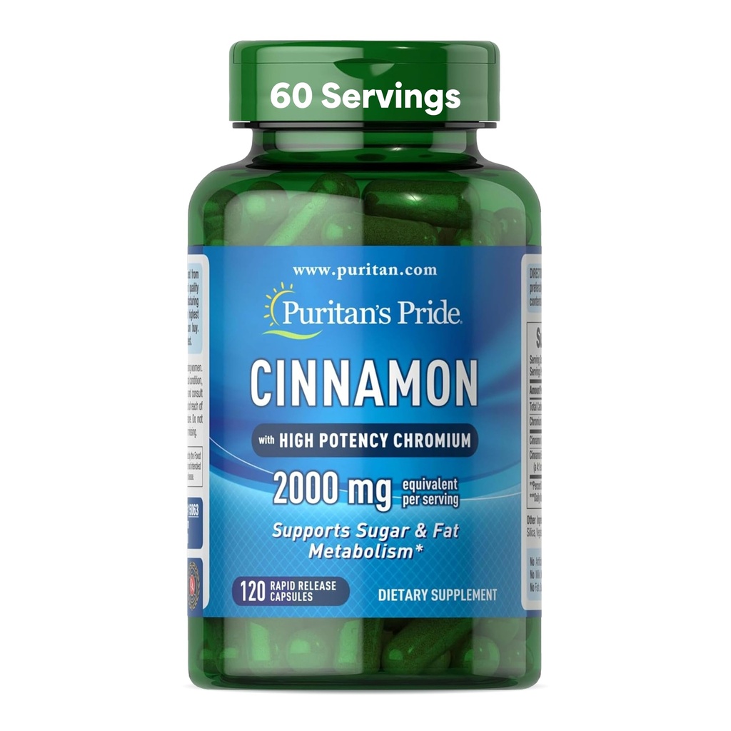 Puritan 's Pride Cynamon 875 mg (odpowiednik 2000 mg) z wysokopojemnym chromem, Supports Sugar, Fat i Healthy Nutriant Metabolizm, Energia komórkowa, 2 Dostawa Miesiąc, 120 Kapsułki szybkiego uwalniania