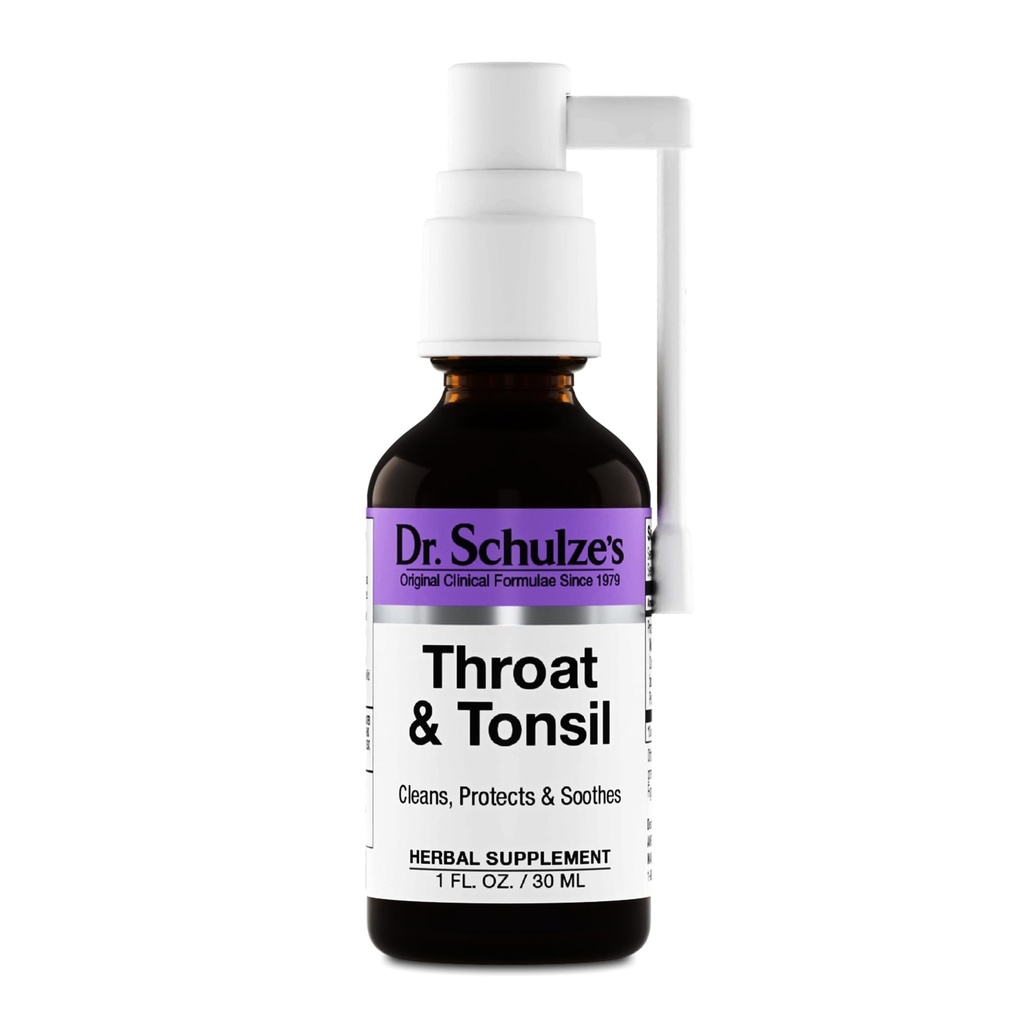 Dr Schulze 's Throat & Tonsil Bilet 124; Cool, Soothe & Protect Bilet 124; Herbal Supplement Bilet 124; Vegan & Kosher Bilet 124; Potężny i skuteczny 124; Łatwy rozpylacz 124; 1 butelka Oz