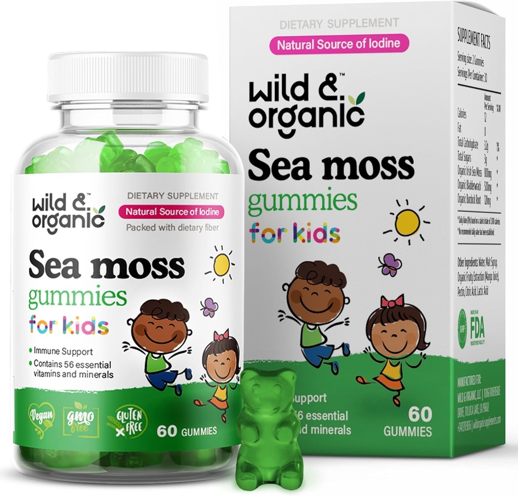 Wild & Organic Irish Sea Moss Gummies for Kids 800mg - Wsparcie immunologiczne z Bladderwrack - Vegan Sea Moss Gel Chews for Total Support - 60 Non-GMO Seamoss Gel Gummies