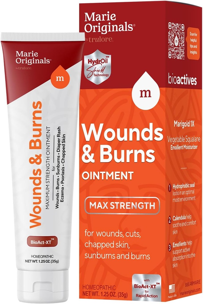 Marie Originals All- Natural Skin Repair and Burn Cream Maintment Orange 124; First Aid Maintment Orange 124; Przyspieszenie gojenia ran ogólnych, Chapped Hands, Cold Sores, Eczema, Łuszczyca & Burn. 1.25oz