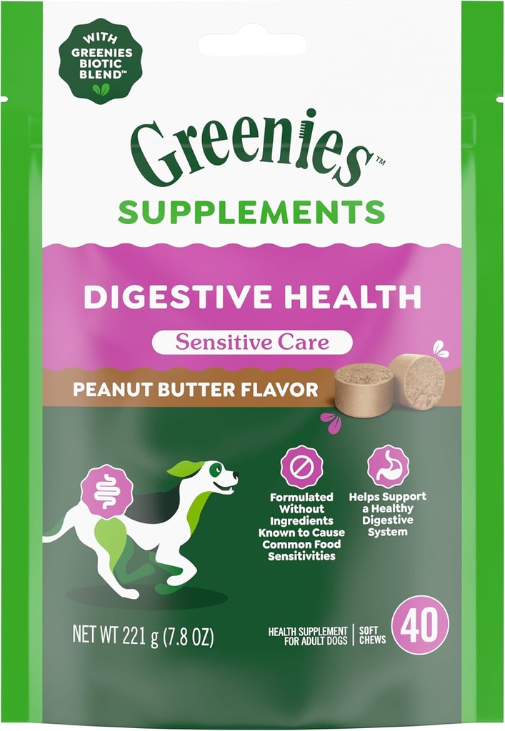 Greenies Sensitive Care Digestive Health Dog Supplement Chicken- Free Formuła, z probiotykiem dla psów, Masło orzechowe Flavor, 40 Hrabia Pouch