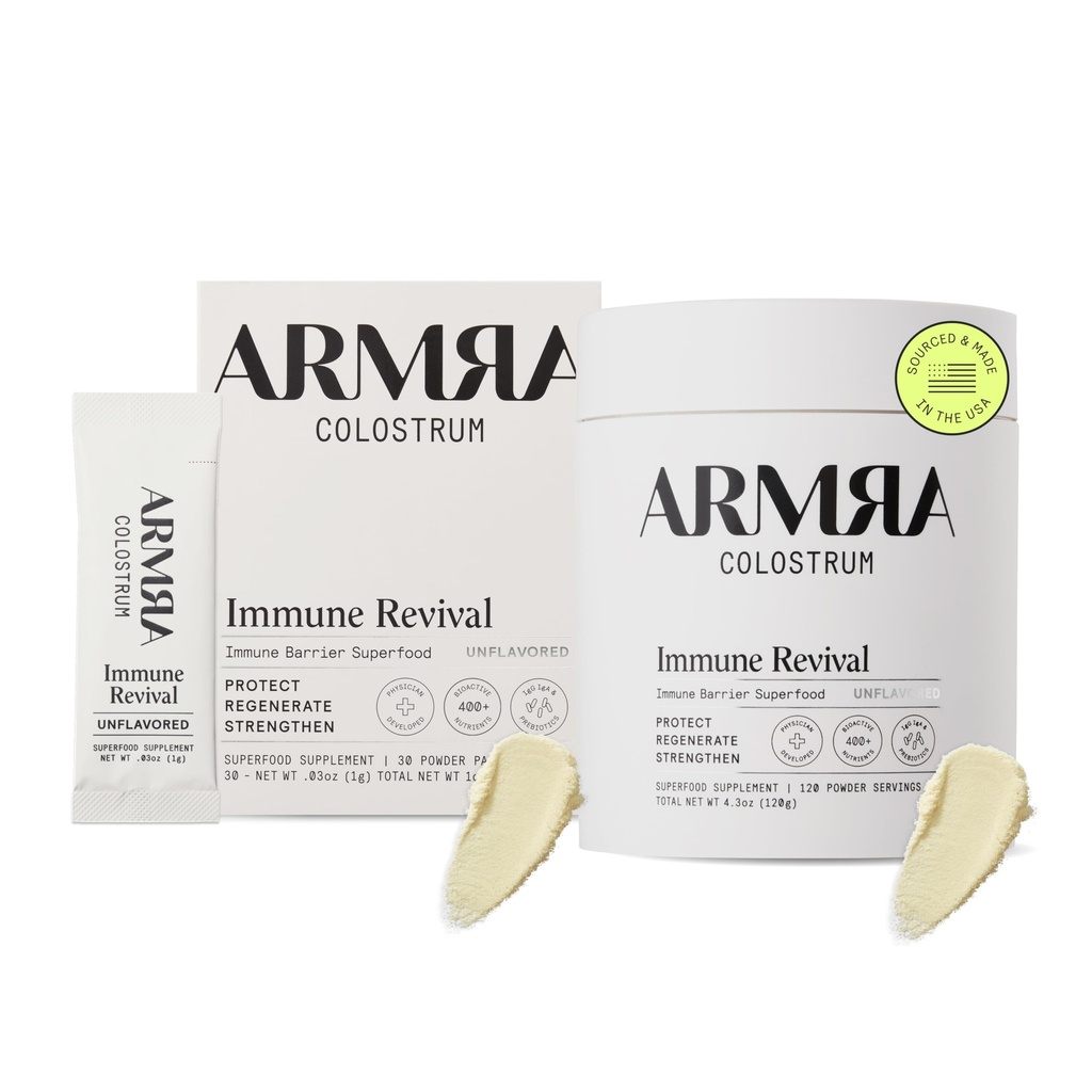 ARMRA Colostrum Premium Proszek, Karma trawiasta, Gut Health Bloating Odporność skóry i włosów, Zawiera 400 + Bioaktywnych składników odżywczych, Keto, Gluten & Fat Free (Unflavored Bundle Between 124; 150 Sług)