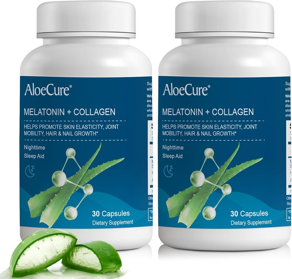 AloeCure Natural Melatonin + Kolagen z organicznym Aloe Vera - Natural Seep Aid Supplement for Restful Nights - Kolagen Complex for Joint Strength, Elastyczność skóry, Wzrost włosów i paznokci, 30 Kapsułki
