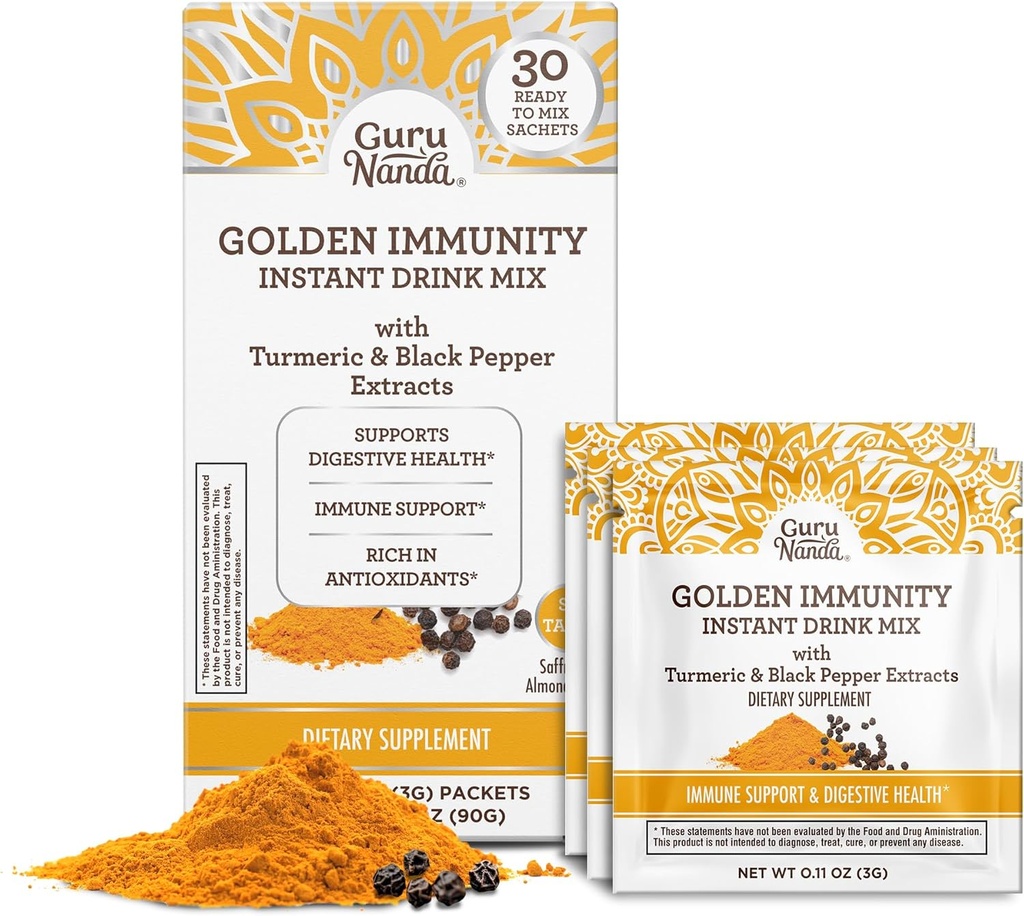 GuruNanda Golden Immunity Instant Drink Mix with Turmeric & Black Pepper - Rich in Antioxidants to Support Immune System & Digestive Health - Saffron & Almond Flavored, On-The-Go Sachets (30 Count)