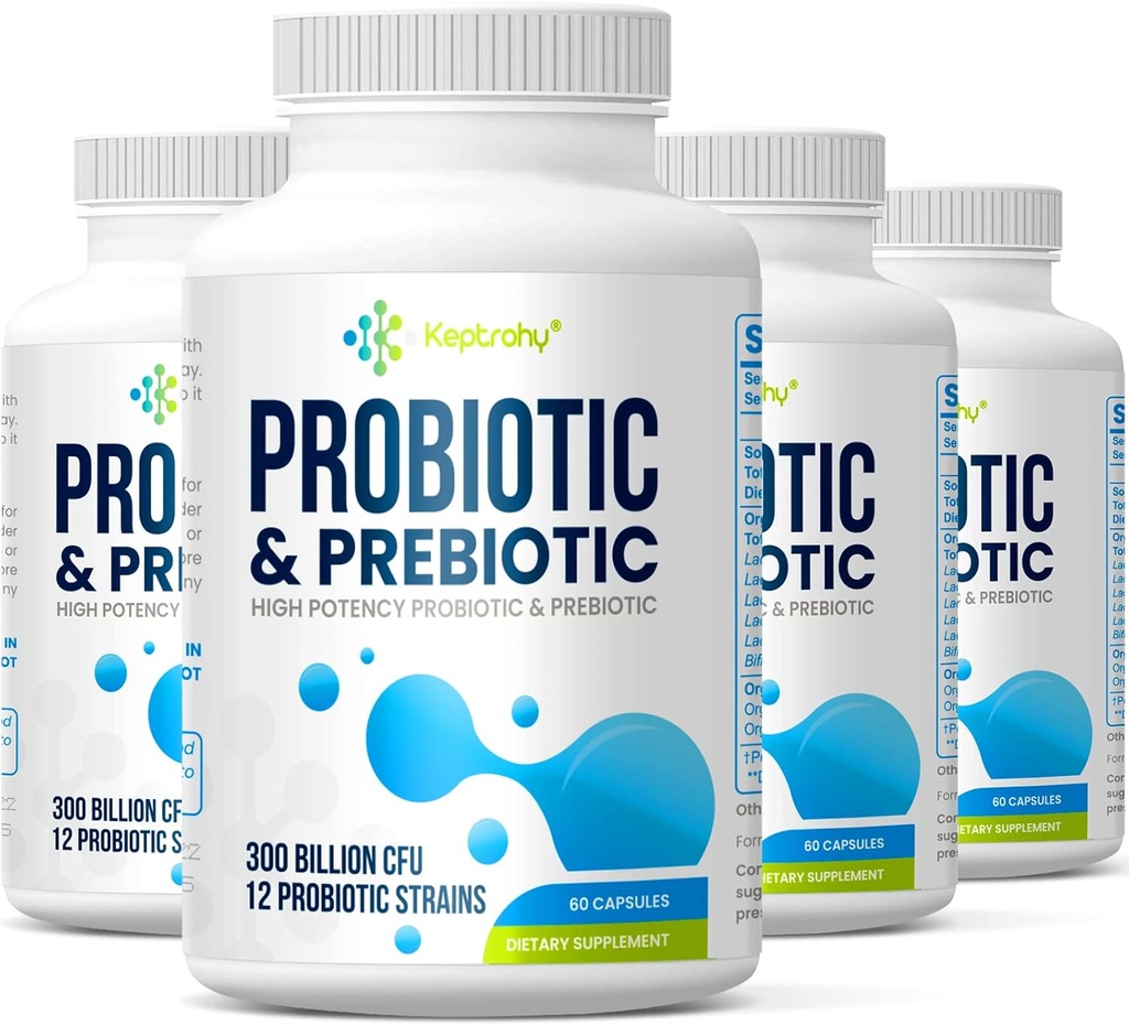 Probiotyki dla kobiet i mężczyzn, 300 Miliard CFU Probiotyki z 12 Szczepów Probiotyczne, Organiczne Prebiotyki Mieszanka, Probiotyczne Suplement do Gut Immune & Digestive Zdrowie, Szafka Stable, 240 Kapsułki