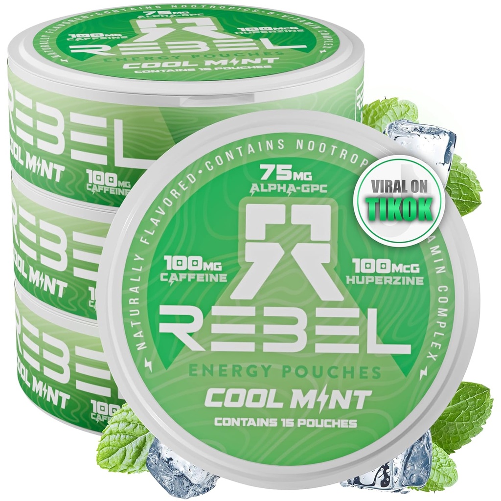 Kofeina kofeinowa • 100 mg Kofeina • Alpha GPC • Huperzine A & Esential Vitamin • Bez cukru • Technologia włókna kokosowego • Cool Mint Flavor • 15 Pouches per Can (Opakowanie 4)