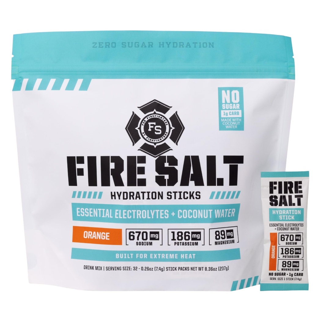 Fire Science Fire Salt Hydration Sticks, Elektrolity i wody kokosowej, Napoje nawadniające z Magnezu, Potasu i Sodu, Cukier zerowy, Pojedyncze Podawanie na Go Packs, Wegan, Pomarańczowy Flavor, 32