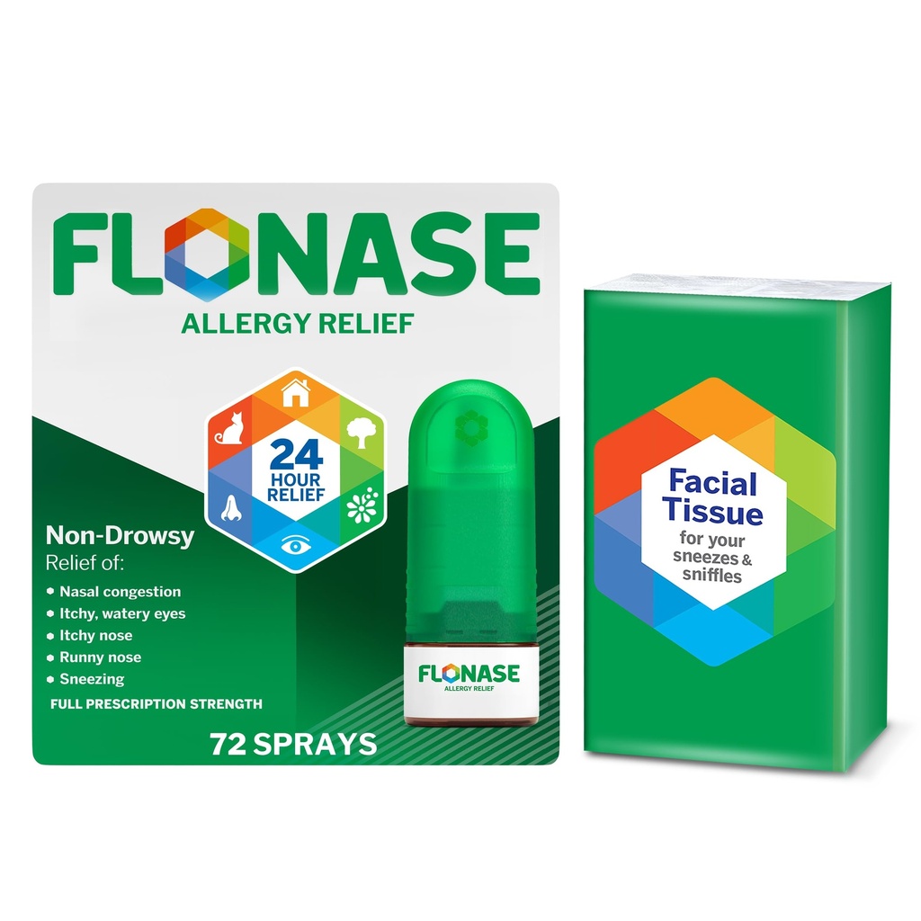 Flunaza Ulga alergiczna Nasal Spray, 24- Godzina Non- Drowsy Multi- Redukcja Symptom - 72 Sprays plus Bonus Pack of Titsues