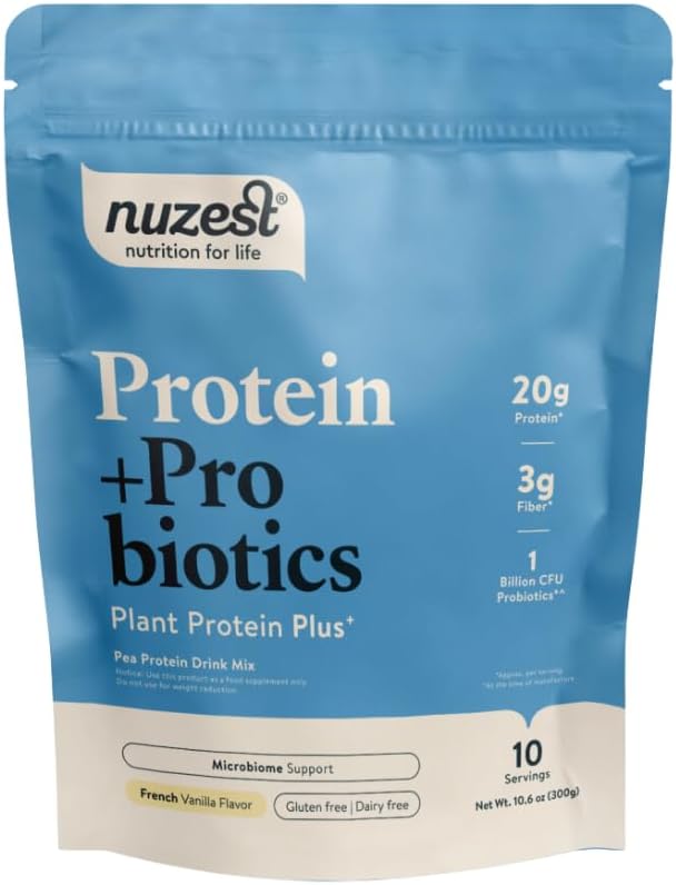 Nuzest - Protein + Probiotics – Gut Health - Superfood Powder Plant Protein Blend - 300g / 10.6 oz Pouch (10 Servings) (French Vanilla, 300g)