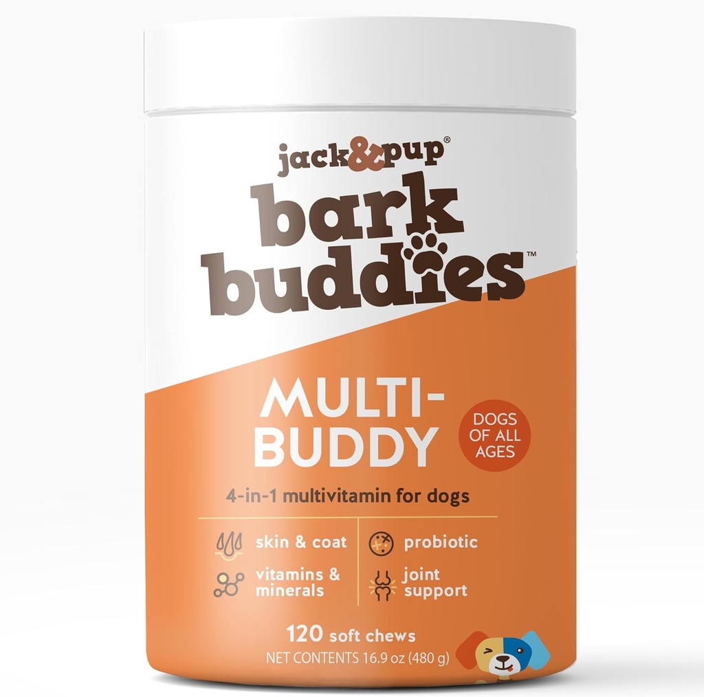 Jack & Pup Dog Multivitamin Reg 124; Bark Buddies Dog Vitamin i suplementy dla starszych psów do szczeniąt 124; Daily Dog Multivitamin Chewable for Immunity, Joint, Trawienie, Skóra i Coat Health (120ct)