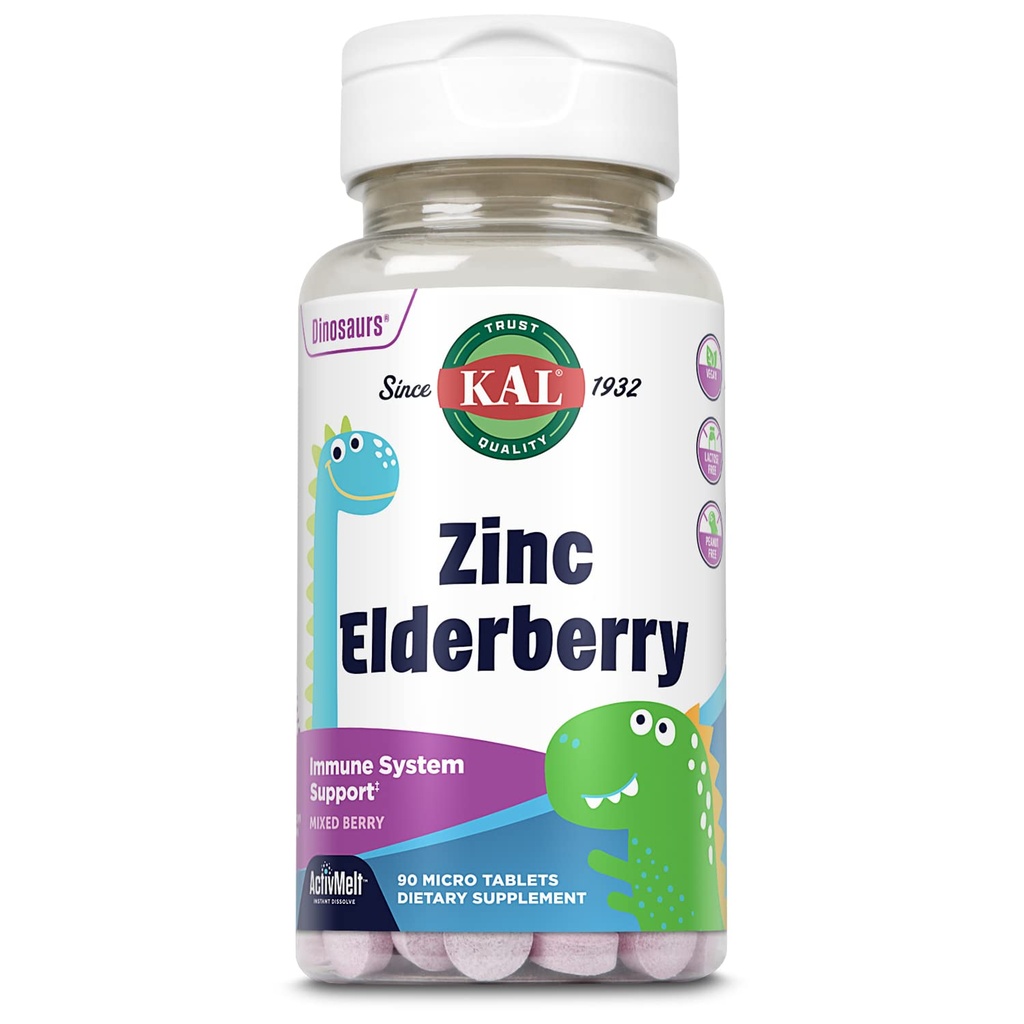 KAL Dzieci Cynk Dinozaury Elderberry, Suplement wsparcia immunologicznego * dla dzieci w / Sambucus Elderberry, Szybkie rozpuszczanie Mieszane Mieszanki Berry ActivMelts, Zabawa, Smaczne Dino Shapes, Wegan, 90 Służenie, 90 Micro Tablets