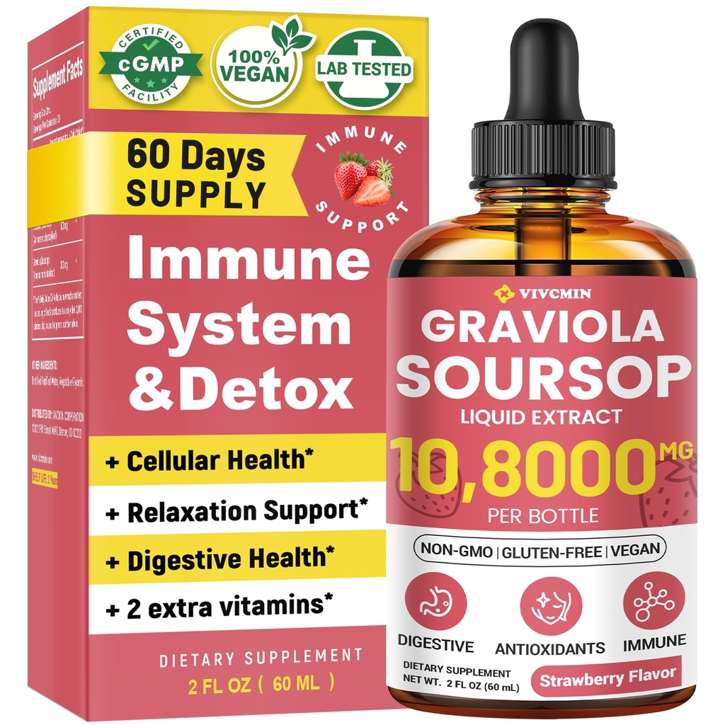 Graviola Soursop Leaf Extract Liquid - Soursop Bitters Liquid, Wsparcie immunologiczne, Relax, Wątroba i sen, Cukier i Alkohol Free, Wysoko Absorbowalny Formuła, Strawberry Flavor, 2 Fl Oz