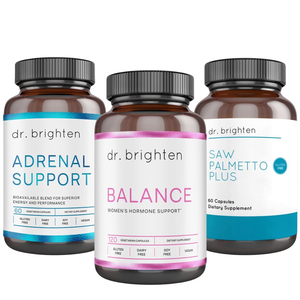 Dr Brighten PCOS Basic Kit - Równowaga hormonu kobiecego, Wsparcie nadnerczy i Saw Palmetto Plus