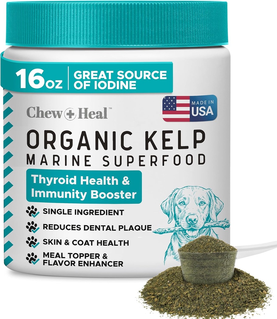 Suplement Kelp dla psów - 16 oz granulek proszku Kelp z 5cc łyżeczka - Dobre dla zdrowych funkcji tarczycy, Reduce Dental Plaque, i zdrowia skóry - Made in The USA