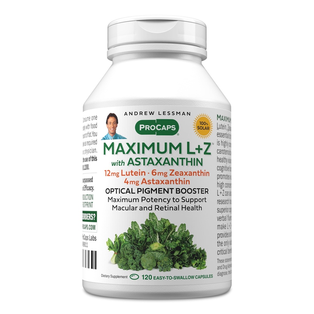 ANDREW LESSMAN Maximum L + Z z Astaksantyną 120 Softgels - 12 mg Luteina, 6 mg Zeaksantyna, 4 mg Astaksantyna. Kluczowe składniki odżywcze wspomagające zdrowie oczu i mózgu oraz promujące zdrowe widzenie.