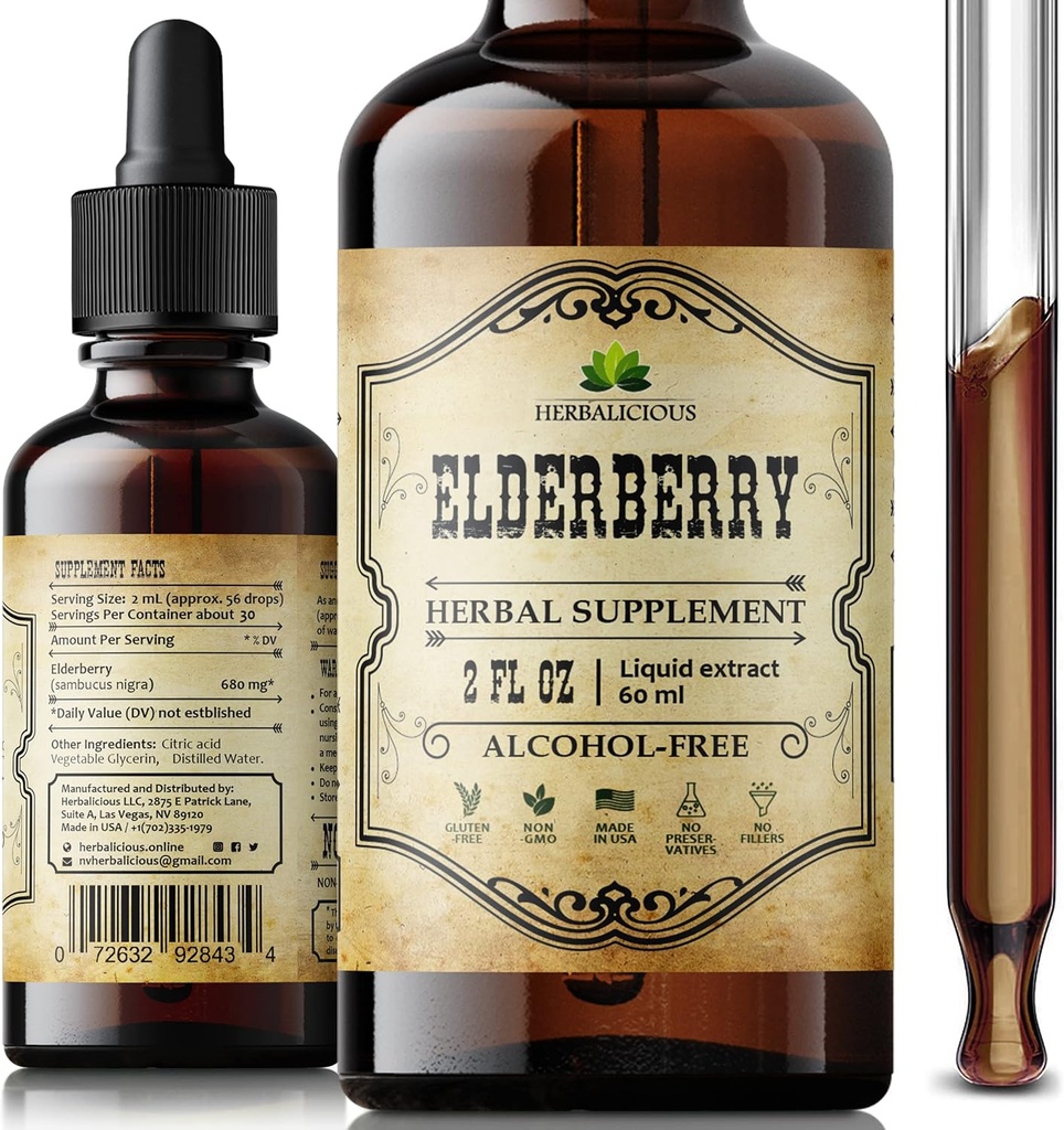 Organiczny ekstrakt Elderberry - Natural Black Elderberry Herbal Supplement - Wzmacniacze immunologiczne dla dorosłych, Digestive & Heart Support - Przeciwutleniacze, Witamina C & Fiber - 2 oz Płyn dla mężczyzn i kobiet
