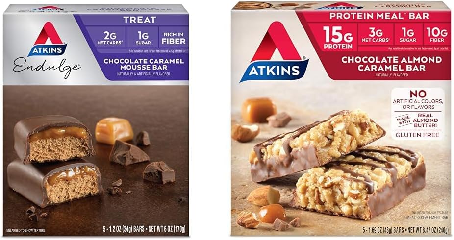 Atkins Endulge Cocolate Carmel Mousse Bar, Dessert Favorite, 1 g cukru, Wysoka w włóknie, 5 Count & Chocolate Almond Carmel Bar, Keto- Friendly, Gluten Free z prawdziwego masła migdałowego, 5 Count (Pack of 1)