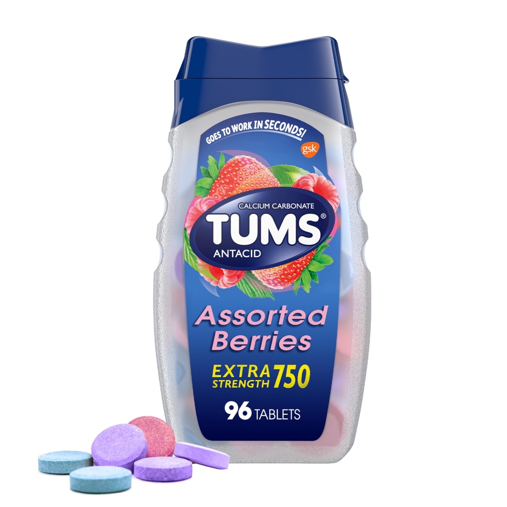 TUMS Ekstra siła Rozdrobnienie Jagody Antacid Tablets for Heartburn Relief, 96 liczenie