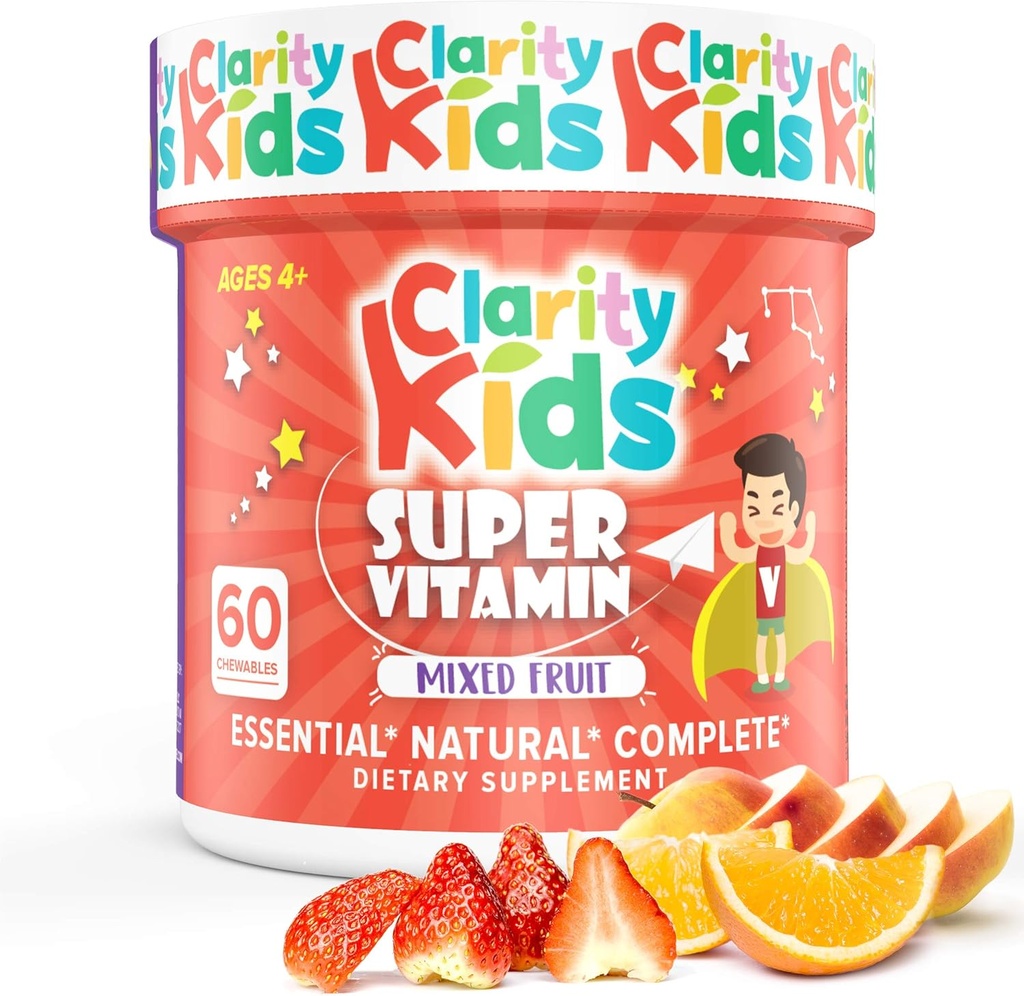 Clarity Kids Super Vitamin Multivitamin for Children | Vitamin C, Vitamin D, & Zinc | All Natural Chewable for Child Immune Support | USA Made Supplement | 60 Piece (30 Day Supply)