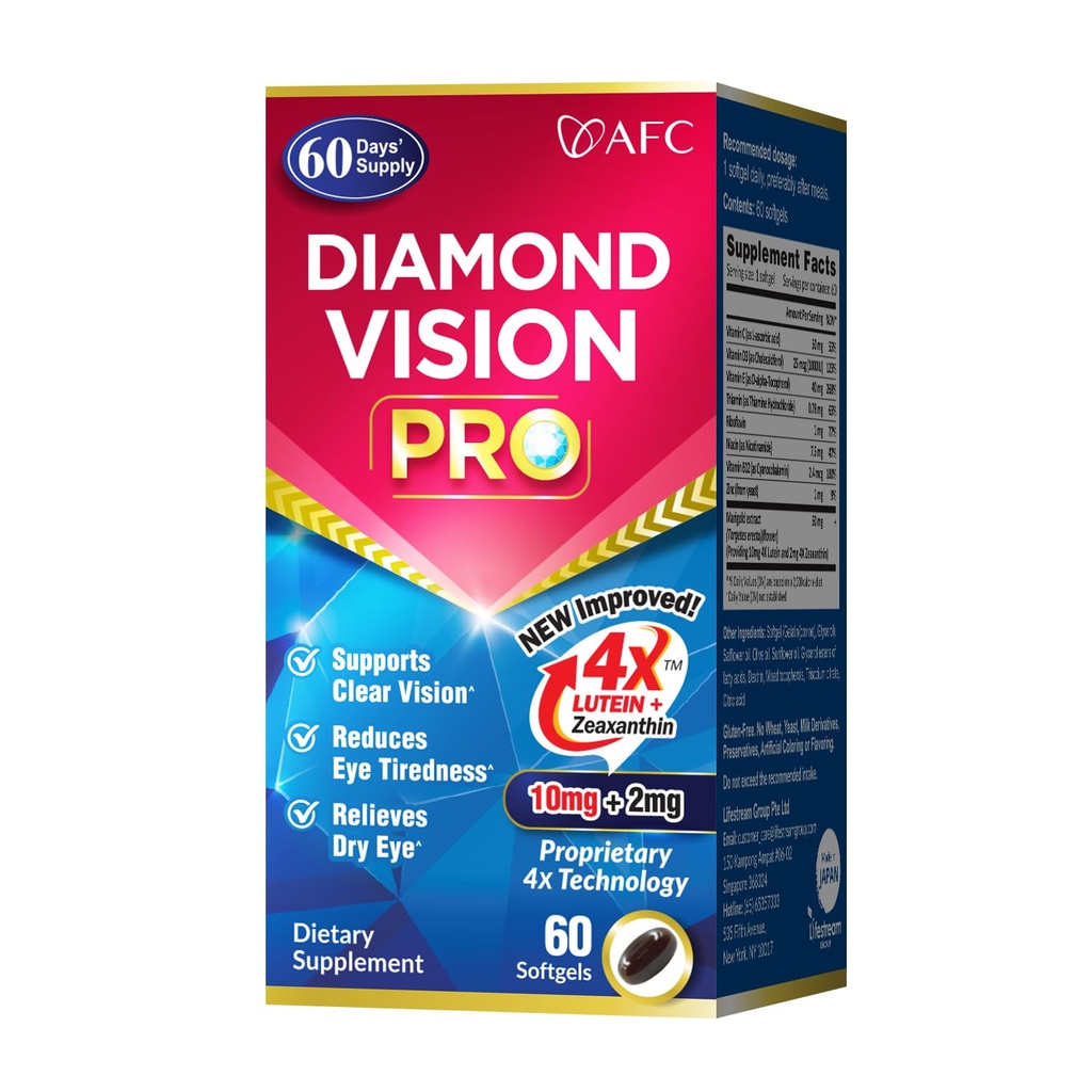 AFC Japan Diamond Vision PRO - Ulepszona, Ulepszona Formuła - Luteina i Zeaksantyna 4X z Witaminy oka - Visual Health Supplement dla dorosłych, Ekran ekspozycji, nocne użycie, 60 Softgels
