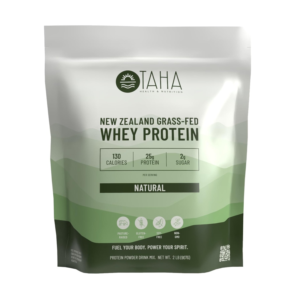 Taha Health & Nutrition Natural Unflavored Whey Protein Concentrate Powder, 25g Protein, 140 Calories, 2g Sugar | New Zealand Grass-Fed, Free-Range Dairy | Gluten and Soy Free, Keto, Kosher | 2LB