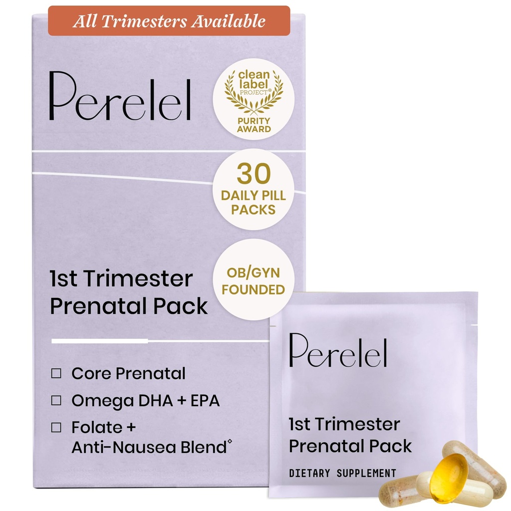 Perelel 1. Trimester Prenatal Pack, Multiwitamina z folianem, Witamina D, Omega 3, Żelazo i Ginger, Wsparcie żywieniowe dla wczesnej ciąży, Soy & Gluten Free, Nie GMO, 30 Daily Pill Packs