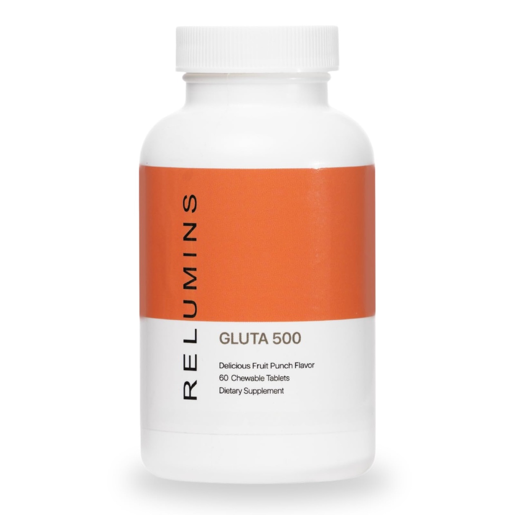 Relumins Gluta 500 Tabletki do żucia z glutationem, kwasem hialuronowym, witaminą C, biotyną i kolagenem - Wspiera skórę Tone & Glow - Fruit Punch Flavor - Made in USA - 60 Tablets
