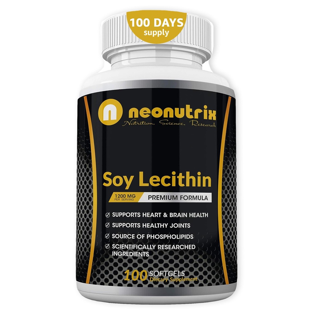 Lecytyna sojowa kapsułki 1200mg (jeden dziennie, 100 softgeli) Suplement wsparcia immunologicznego bogaty w fosfolipidy Wspomaga metabolizm, Mózg i Serce Zdrowie i Funkcje komórkowe Wyprodukowane w USA Non-GMO przez Neonutrix