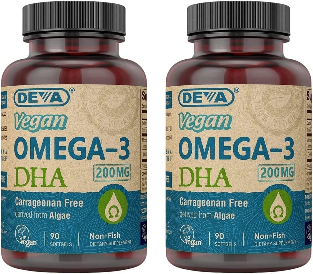 DEVA Vegan Omega-3 DHA Supplement - Once- Per- Day Softgels 200 MG - Carrageenan Free - Żelatyna Free - Non-Fish - Algae Oil Omega-3 Kwasy tłuszczowe - 90 Softgels (Opakowanie 2)