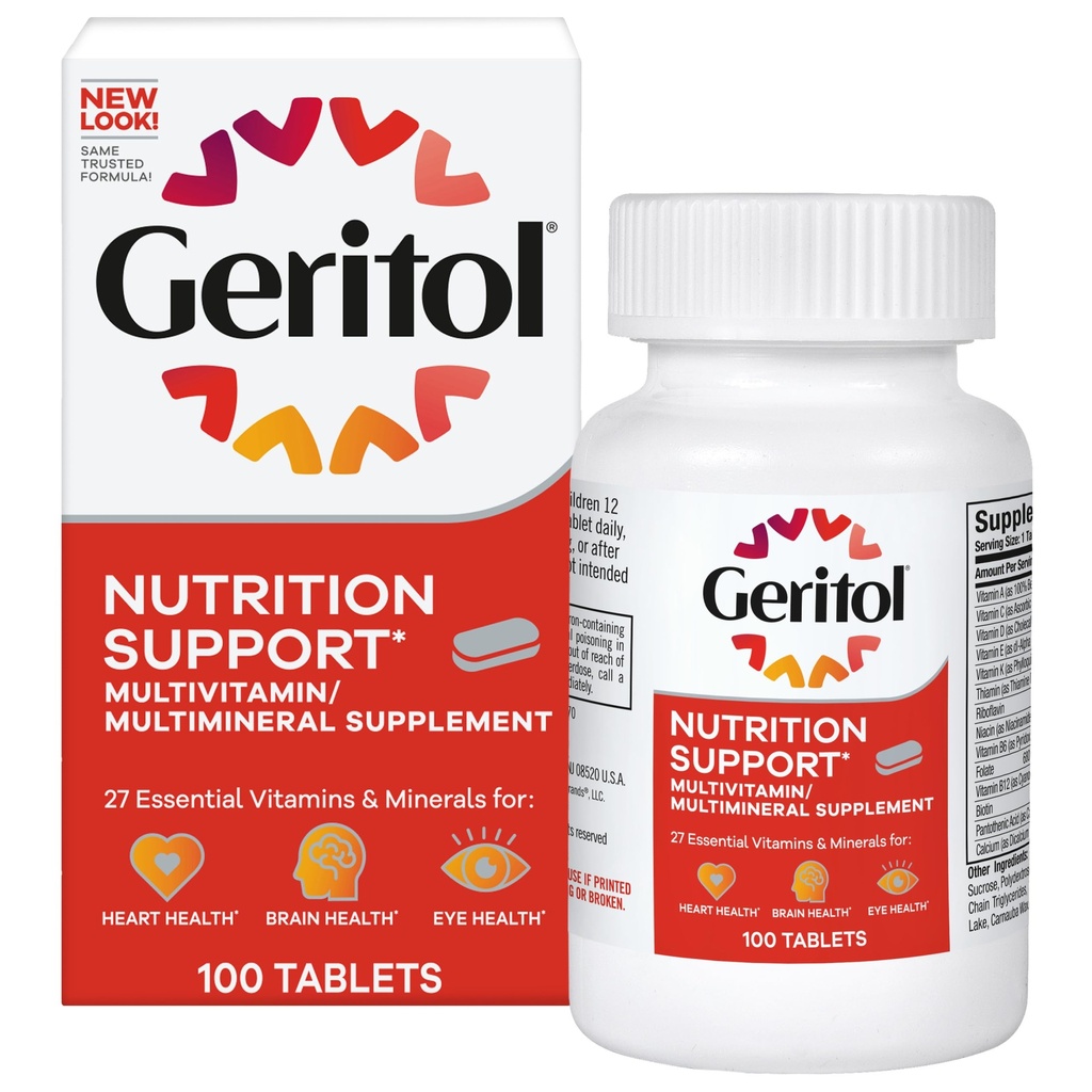 Geritol, suplement wielowitaminowy, Zawiera witaminy B-, przeciwutleniacze, witaminy C, E & D i żelazo, 26 Witaminy zasadnicze i minerały, Bez glutenu, Nie-GMO, Brak sztucznych słodzików, 100 Tabletki
